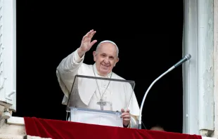Pope Francis waves during Regina Coeli address on May 2, 2021. Vatican Media/CNA.